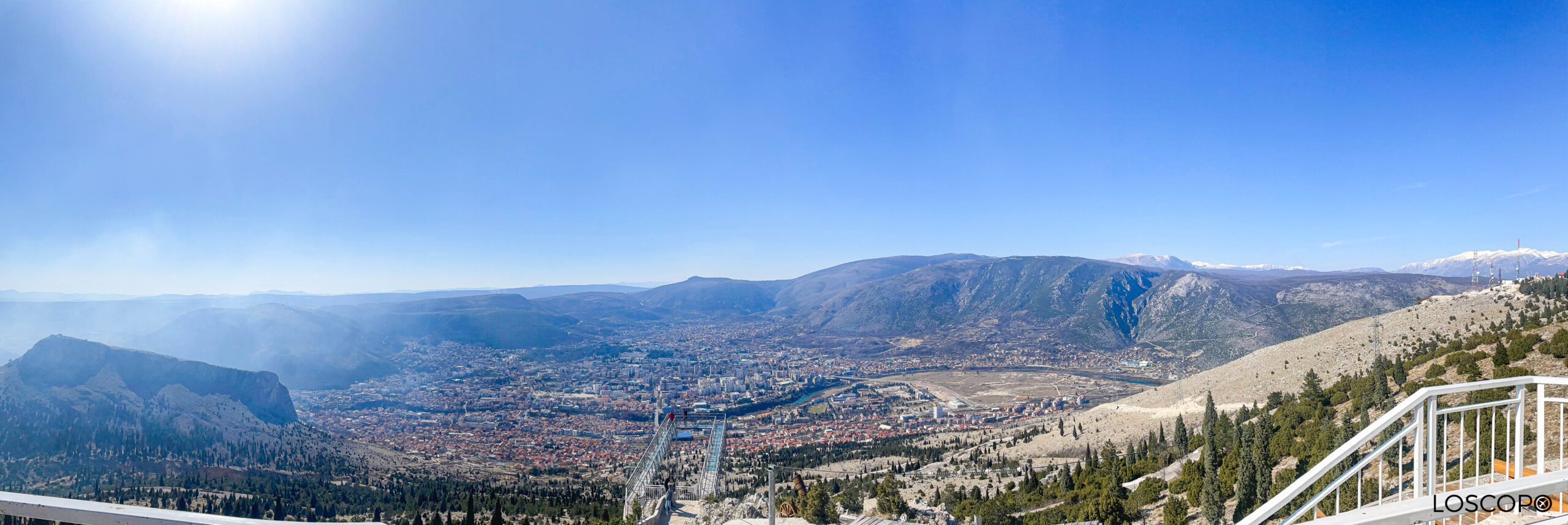 View from high up over city below